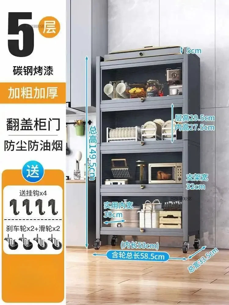 Multifunction Storage Cabinet Nordic Carbon Steel Kitchen Cabinets Home Multi-layer Microwave Oven Floor Rack with Flip Door H