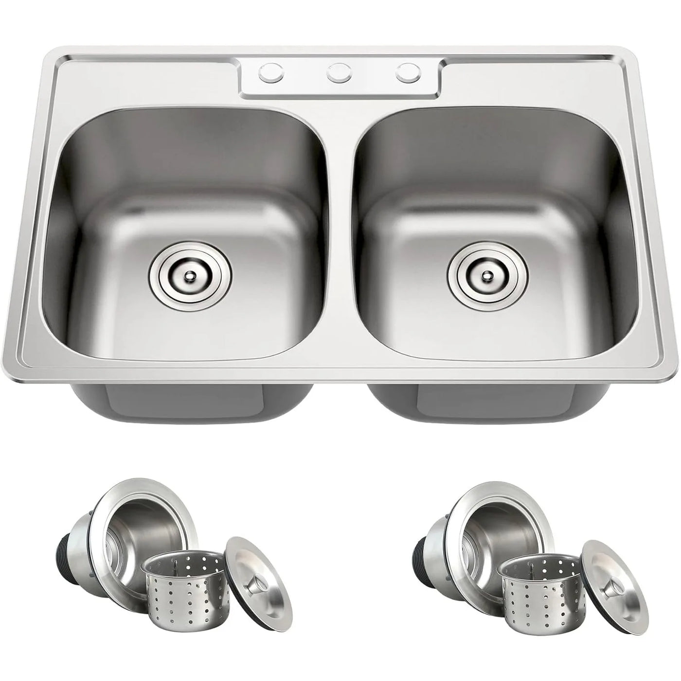 33 Inch Double Bowl Kitchen Sink Topmount 50/50 Drop In 18 Gauge 304 Stainless Steel Sinks with Basket Strainer 33" x 22" x 9"