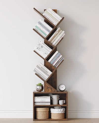 6 Tier Tree Bookshelf, Small Bookcase with Storage Cabinet,Modern Tall Narrow Bookshelves Organizer, Floor Standing,Rustic Brown