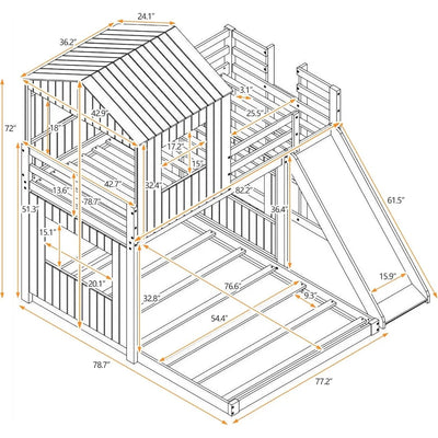 Floor Bunk Beds with Slide, Wooden Twin Over Full Bunk Beds with Slide, Roof and Guard Rail for Kids, Teens, No Box Spring Neede