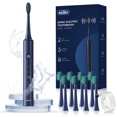 SEJOY Sonic Electric Toothbrush USB Rechargeable W/ 8 Duponts Brush Heads 5 Modes