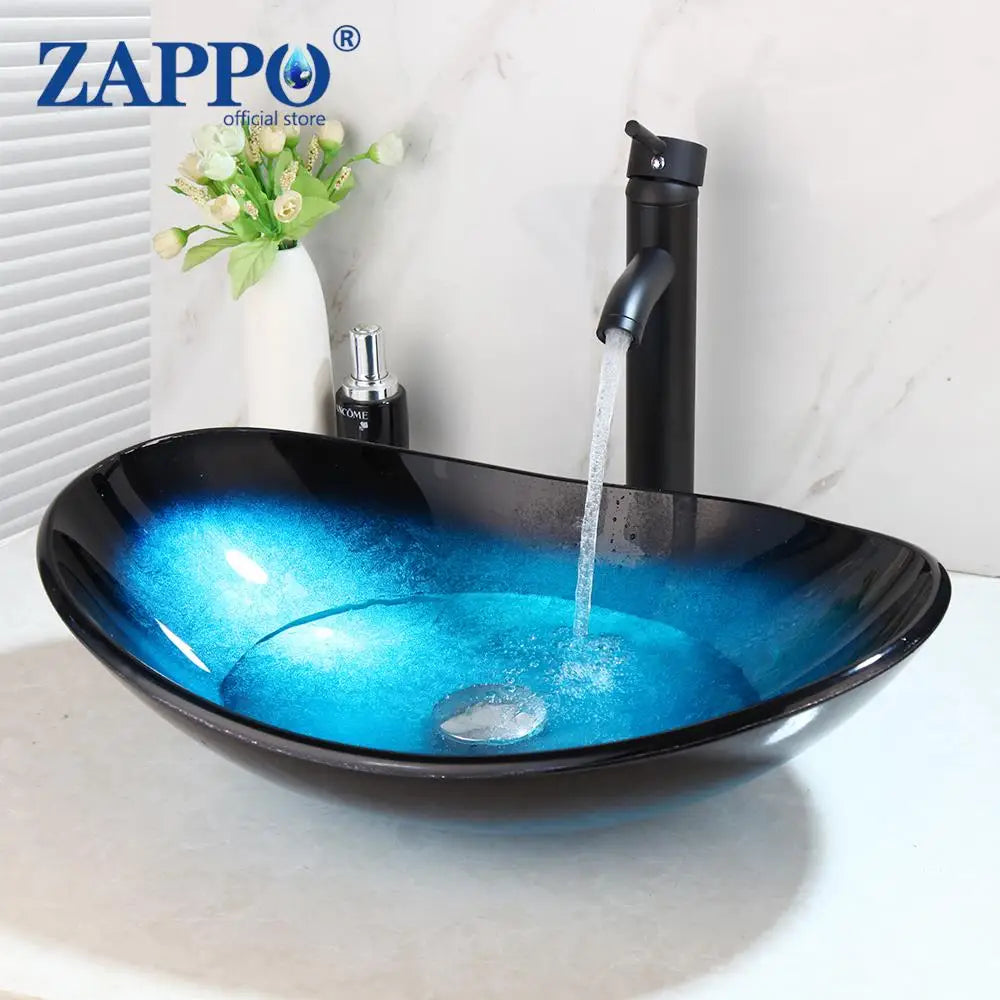 ZAPPO Tempered Glass Bathroom Vessel Sink with Waterfall Black Faucet Tap Bathroom Oval Blue Vessel Sinks Above Counter Basin