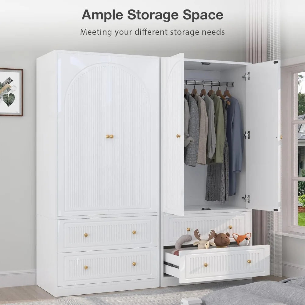 71" Wardrobe Closet with 2 Door & 2 Drawer, Bedroom Wooden Armoire with Hanging Rod Shelf,  w/Gold Handles for Bedroom