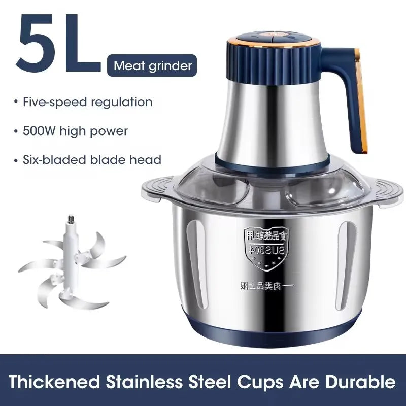 Electric Meat Mincer Grinder Stainless Steel Chopper 5L Food Processor Garlic Mud Maker Blender Large Capacity Meat Grinder