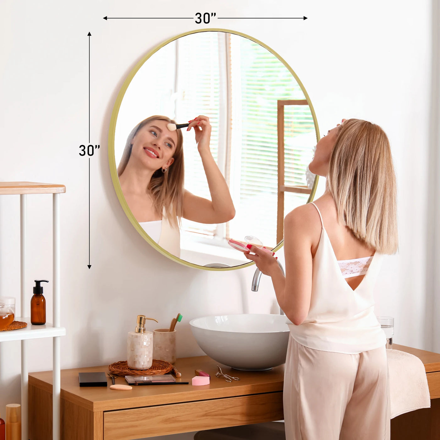 JHK Large Gold Round Vanity Framed Mirror for Wall Matte Metal Framed 30 Inch Modern Mirror Tempered Glass Bedroom Living Room