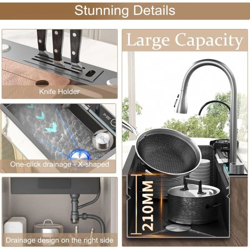 Black Kitchen Sink Twin Waterfall Kitchen Sink 31.5" Stainless Steel Single Bowl Sink with Faucet, Modern Honeycomb Nano