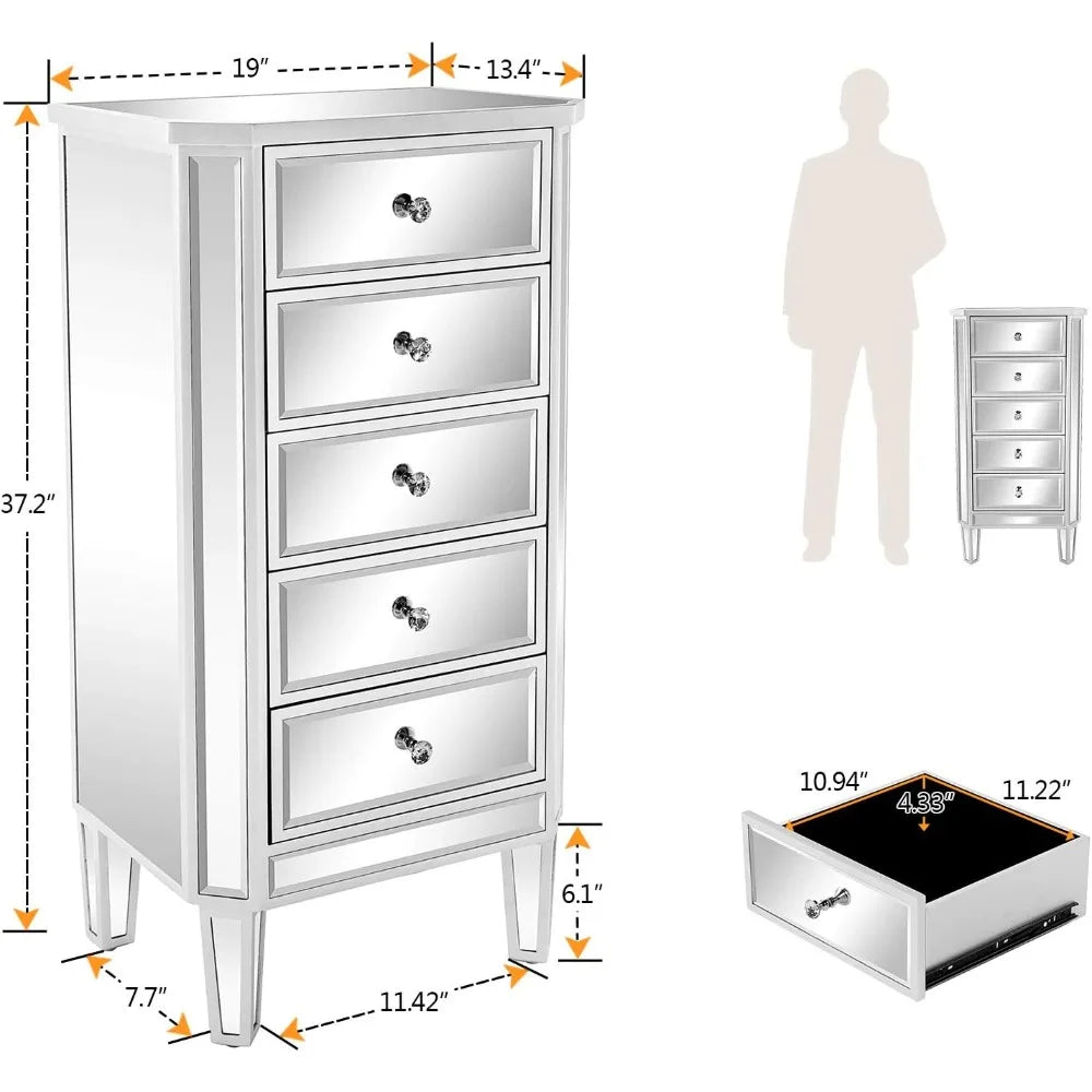 Mirrored Dresser 5 Drawers Modern Chest, Mirrored Chest of Drawers, Glass Dresser for Bedroom, Dressing Room, Living Room