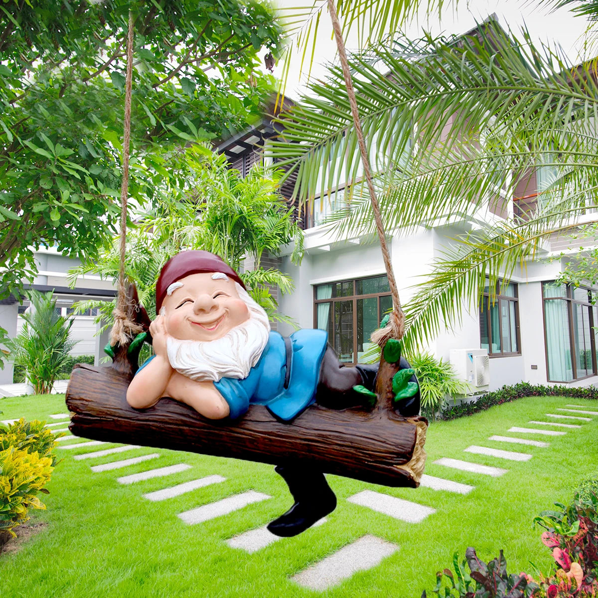 1pc Cute Garden Dwarf Decorations For Yard Hanging Statues, Smile Gnome In Swing Branch Hammock,Resin Tree Ornaments Figurines F