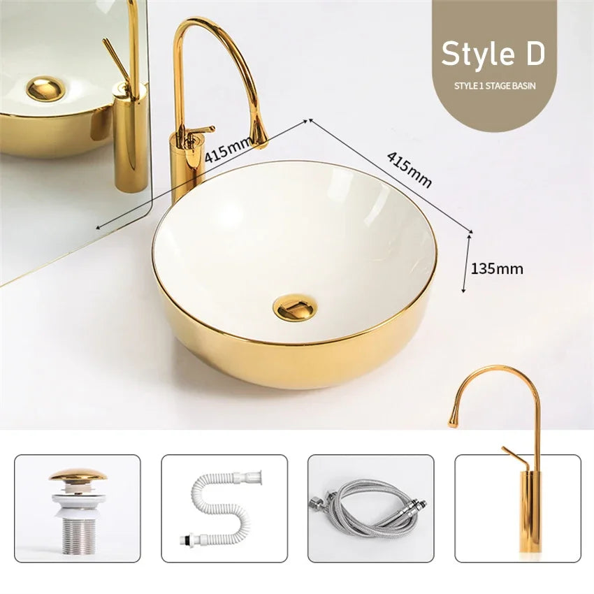 Modern Minimalist Gold Ceramic Tabletop Basin European Style Household Washbasin Basin Square Light Luxury Bathroom Wash Basins