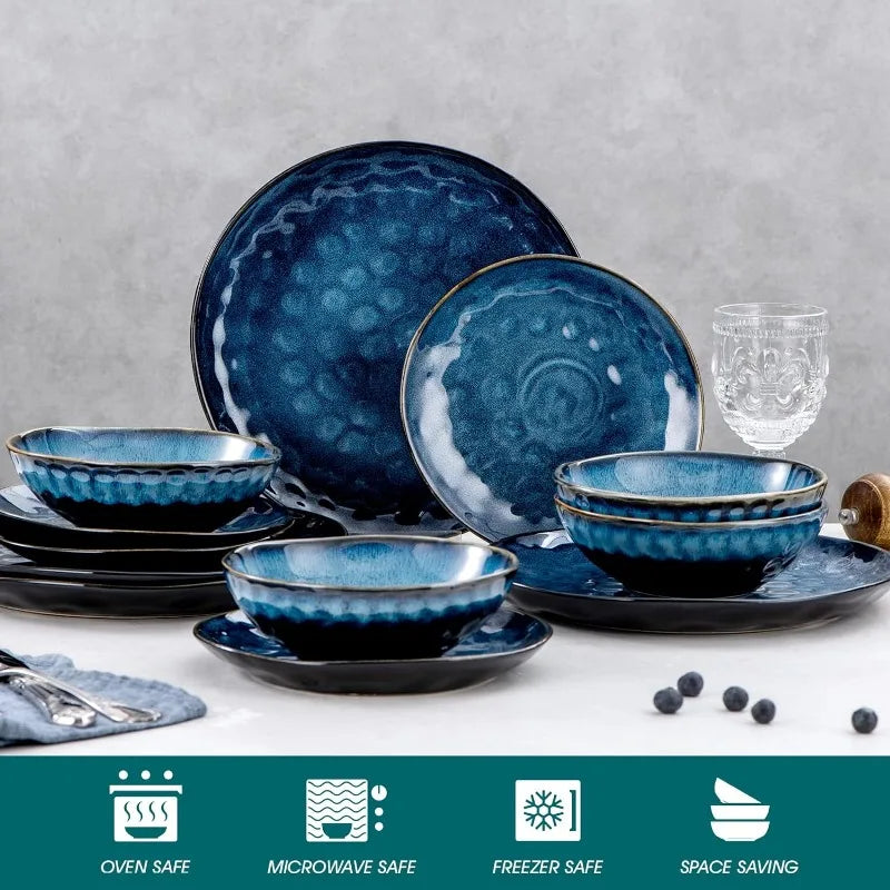 vancasso 16 Pieces Blue Dinnerware Set, Reactive Glaze Dish Set, Plates and Bowls Set