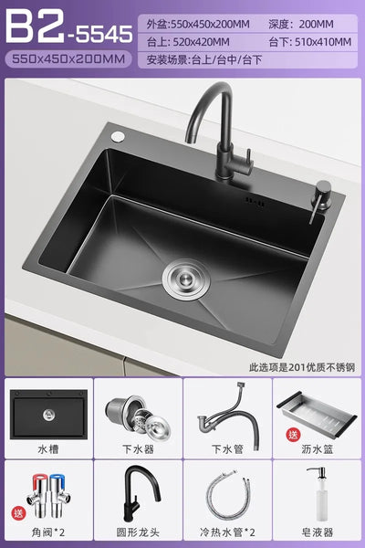 Stainless steel black sink, large single sink, hand-thickened kitchen under-counter basin, vegetable basin, dishwasher