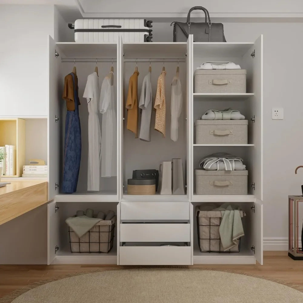 Large Armoire Wardrobe Closet with Drawers and Shelves, White Bedroom Armoires with 6 Doors 2 Hanging Rods