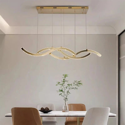 2024 Dining Room Lustre Remote Control Dimmable Pendant Lights Luxury K9 Crystal Hang Chandelier Wave Steel Lamp Fixtures