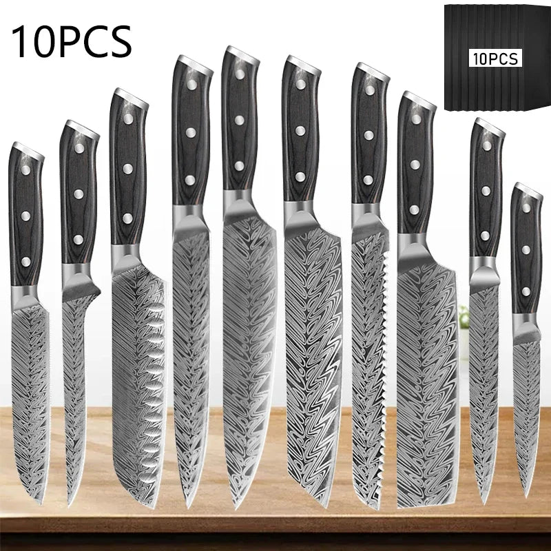 WXCOO Professional Kitchen Chef Knives Set Stainless Steel Boning Knife Damascus Steel Pattern Cleaver Fruit Bread Santoku Knife