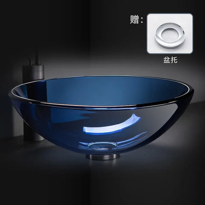 42cm Round Tempered Glass Sink Blue Bathroom Washbasin Hotel Balcony Countertop Art Basin Transparent Bowl Basin With Drain Sets