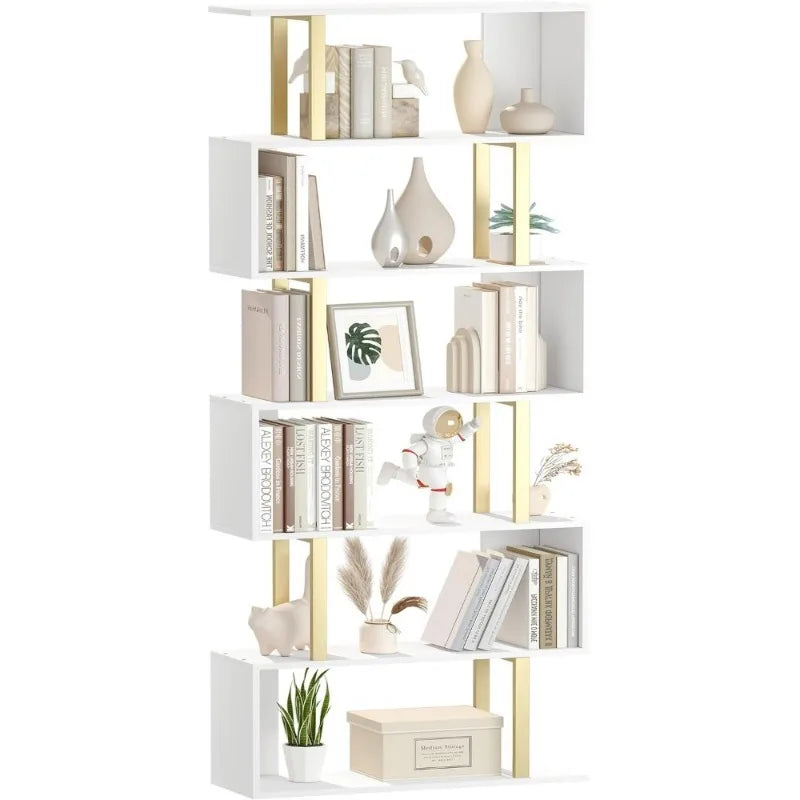 S Shaped Bookshelf, Modern Geometric Bookcase, 6-Tier White Display Case Book Shelf