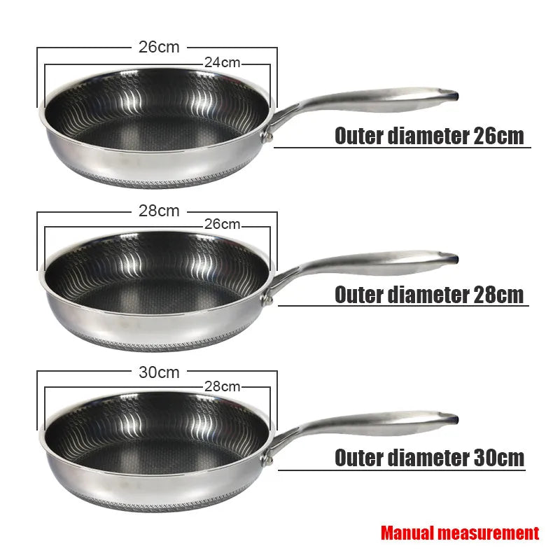 316 Stainless Steel Honeycomb Frying Pan Steak Cooking Flat Bottom Wok Induction Cooker Universal Kitchen Cookware Non-Stick Pan