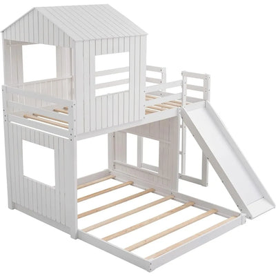 House Floor Bunk Beds with Slide, Wooden Twin Over Full Bunk Beds with Slide, Roof and Guard Rail for Kids