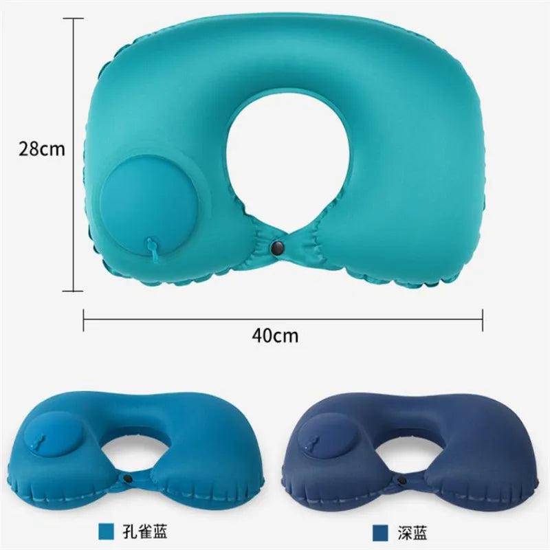 Green Foldable U-Shape Travel Pillow Automatic Air Inflatable Airplane Pillows Ring Pillow Press Type Bed Pillows Neck Cushion