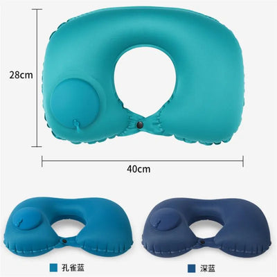 Green Foldable U-Shape Travel Pillow Automatic Air Inflatable Airplane Pillows Ring Pillow Press Type Bed Pillows Neck Cushion