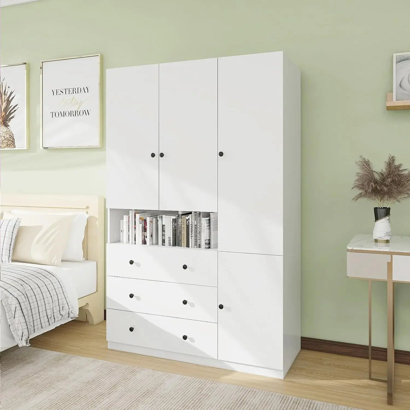 Wardrobe Closet Wooden with 3 Doors, Hanging Rods, 2 Drawers, Mirror Large Capacity Large Wardrobe Closet for Bedroom