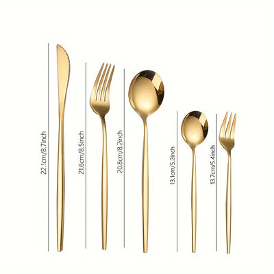 60pcs Stainless Steel - Luxe Golden Cutlery Set, Mirror Polished, Dishwasher Safe, Includes Knives, Forks & Spoons in Gift Box,