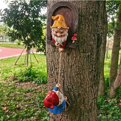 Resin Climbing Gnome Sculpture White Beard Dwarf Art Statue Courtyard Landscape Figurines Garden Tree Decoration Elf Pendant