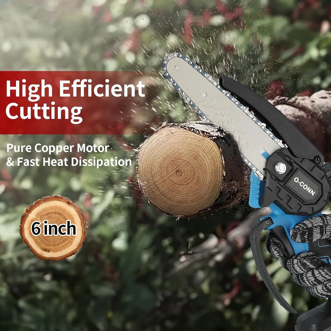 O-Conn Mini Chainsaw Cordless 6 Inch Handheld Chain Saw With Security Lock & Auto Oiler System, Portable Electric Small