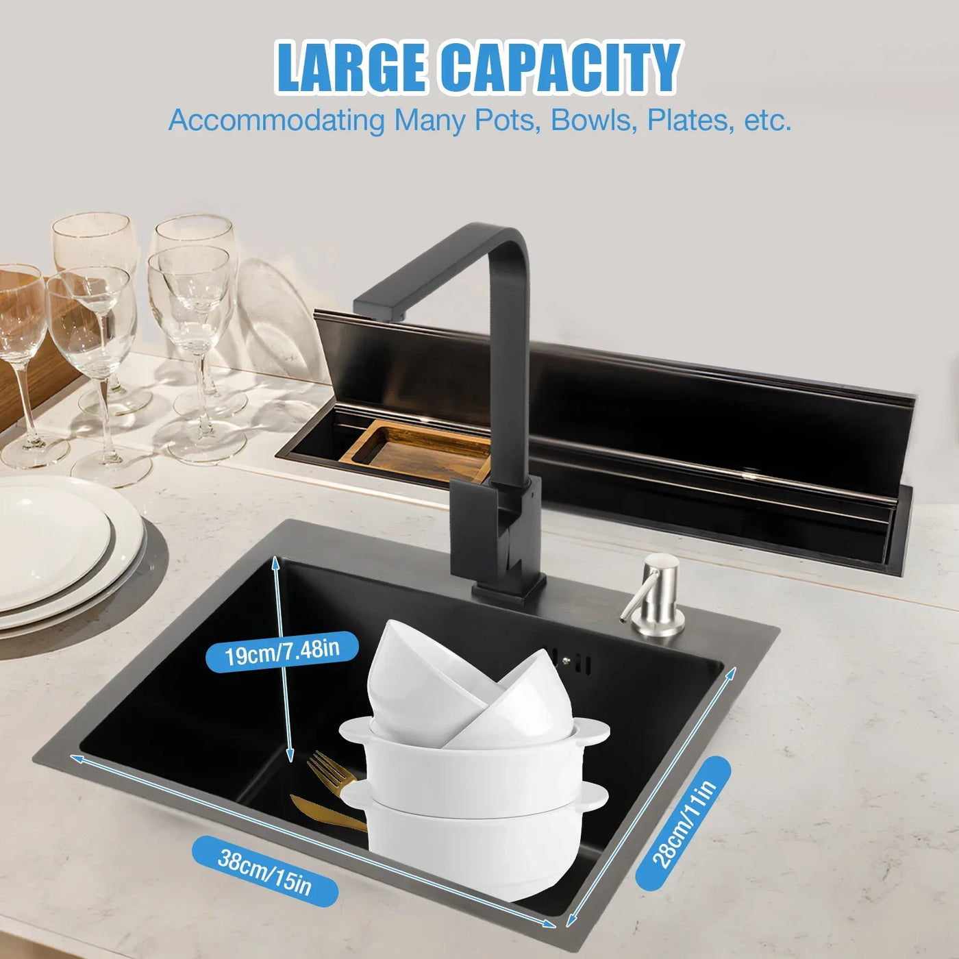 Kitchen Sink Set Stainless Steel Kitchen Sink Kitchen Faucet with Soap Dispenser and Sink Black 40x45cm Soap Dispenser  360°