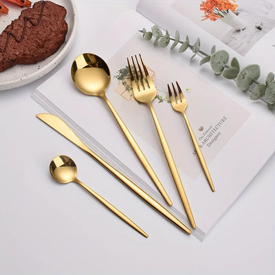 60pcs Stainless Steel - Luxe Golden Cutlery Set, Mirror Polished, Dishwasher Safe, Includes Knives, Forks & Spoons in Gift Box,