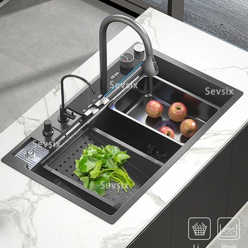 inclusive tax Hot sale modern multifunction waterfall kitchen sink 304 stainless steel single bowl black rainfall kitche