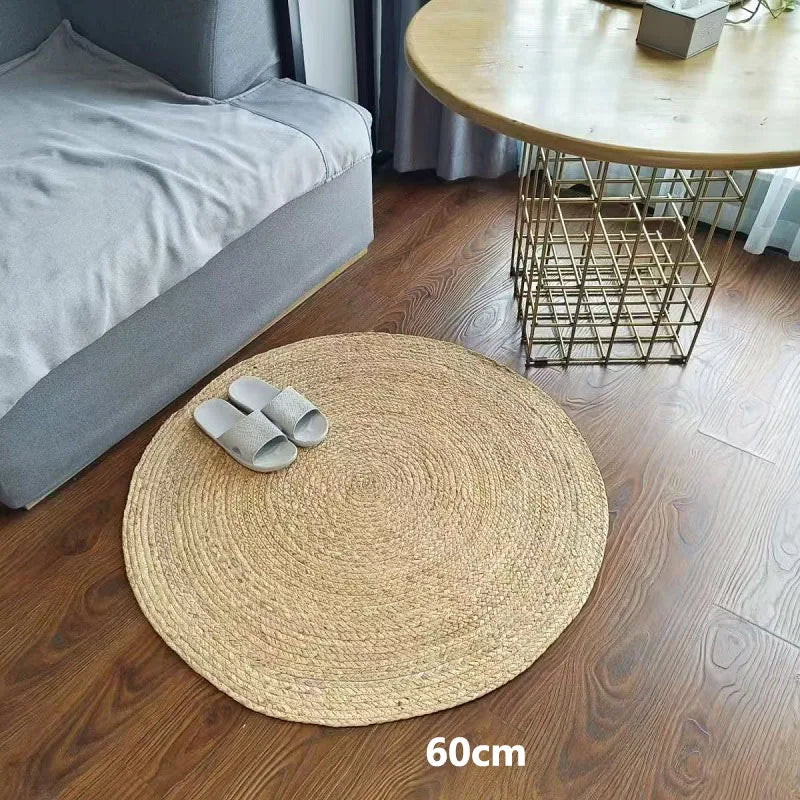 Natural Bulrush Grass Hand-woven Small Rugs Straw Carpet Rattan Mats for Living Room Table Japanese Tea Room Water Gourd Rug