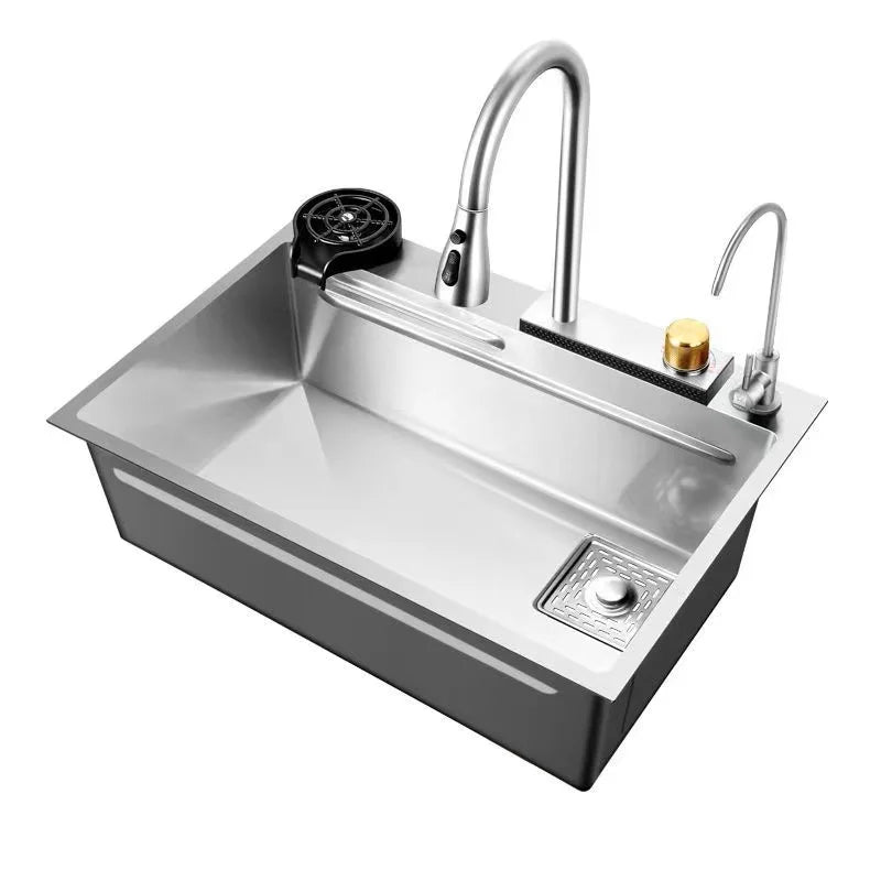 Waterfall Kitchen Sink 304 Stainless Steel Large Single Slot Above Mount Apron Front Waterfall Faucet Vegetable Basin Cup Washer