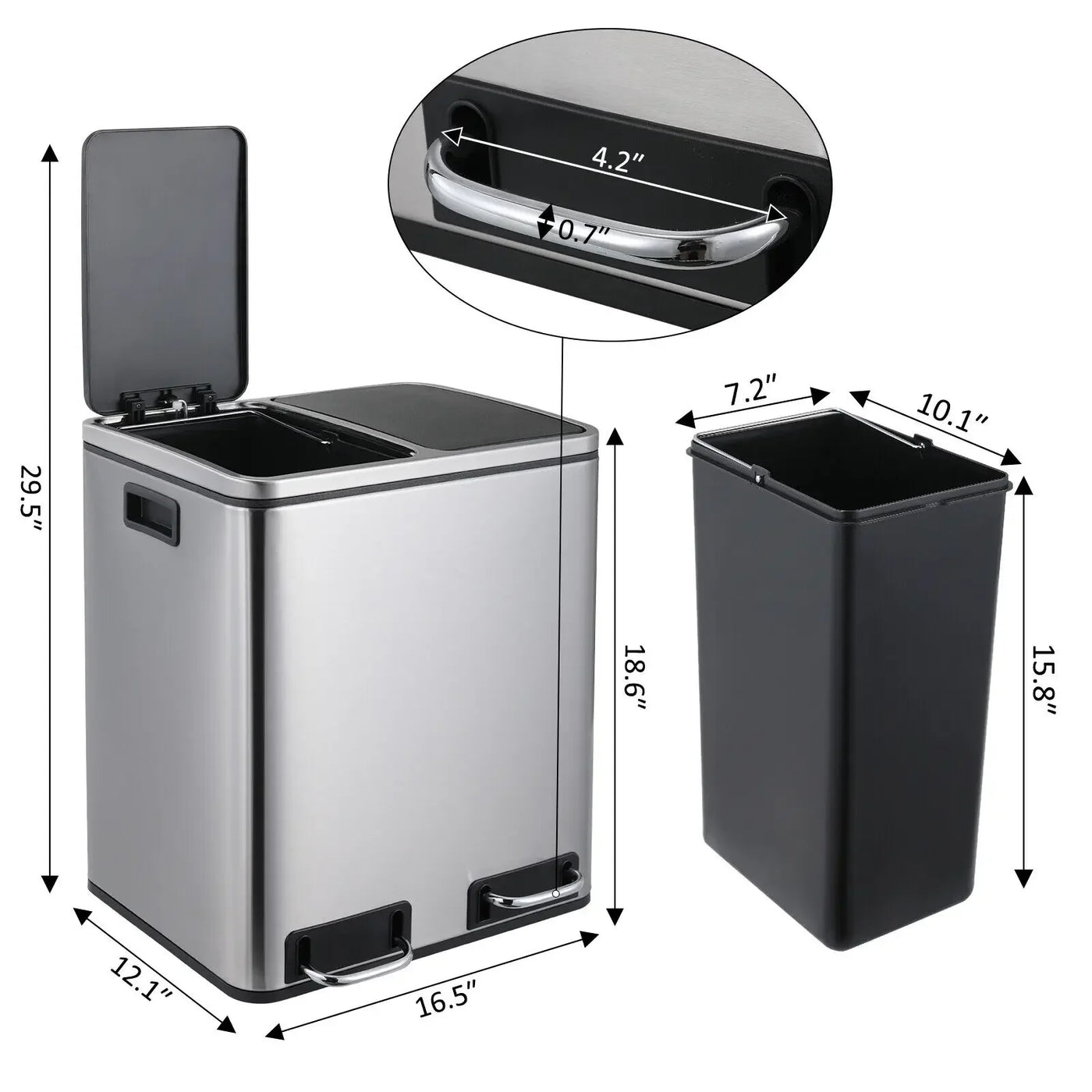 Kitchen Trash Can with Foot Pedal Soft-Close Stainless Steel Smudge Resistant Garbage Bin, 30L/48L,Dual Compartment,Soft Closure