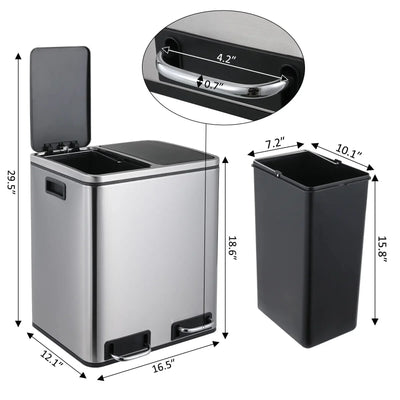 Kitchen Trash Can with Foot Pedal Soft-Close Stainless Steel Smudge Resistant Garbage Bin, 30L/48L,Dual Compartment,Soft Closure