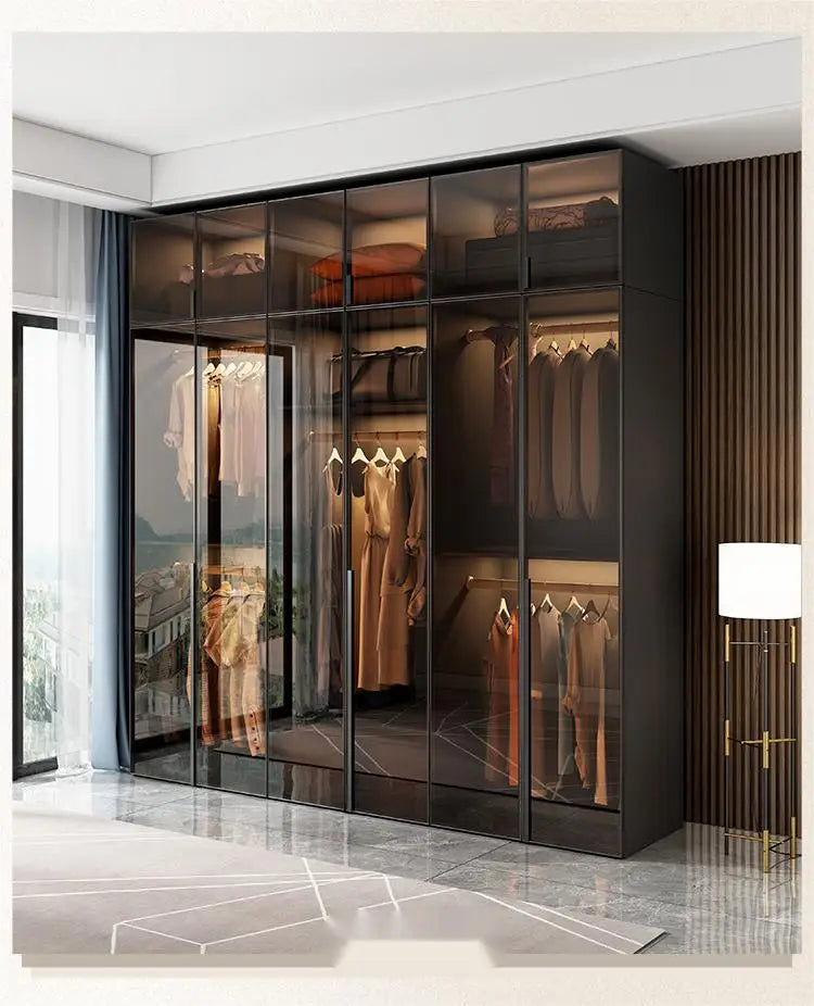 Cloakroom Furniture Clothes Storage Walk in Closet Wardrobe Black Wardrobes Cabinet Closet With Glass Door LED Lights