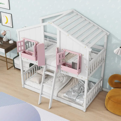 Twin Over Twin House Bunk Bed with Windows,Doors and Boxs, Wood House Roof Floor Bunk Bed Framewith Safety Guardrails and Ladder