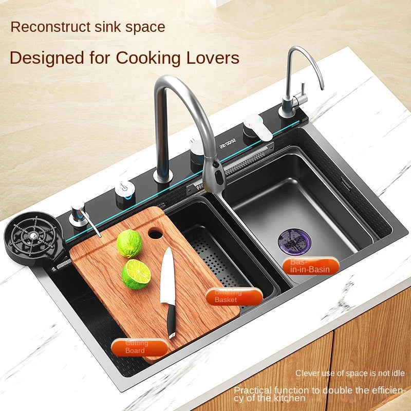 Stainless Steel Waterfall Kitchen Sink Embossed Extra Large Single Slot Intelligent Digital Display Dishwashing sink