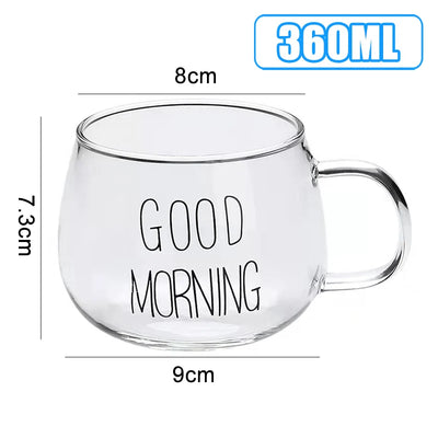 360ml Breakfast Coffee Cup Tea Mug Transparent Glass Cup Drinks Dessert Milk Cup Glass Mugs Letter Printed Handle Drinkware