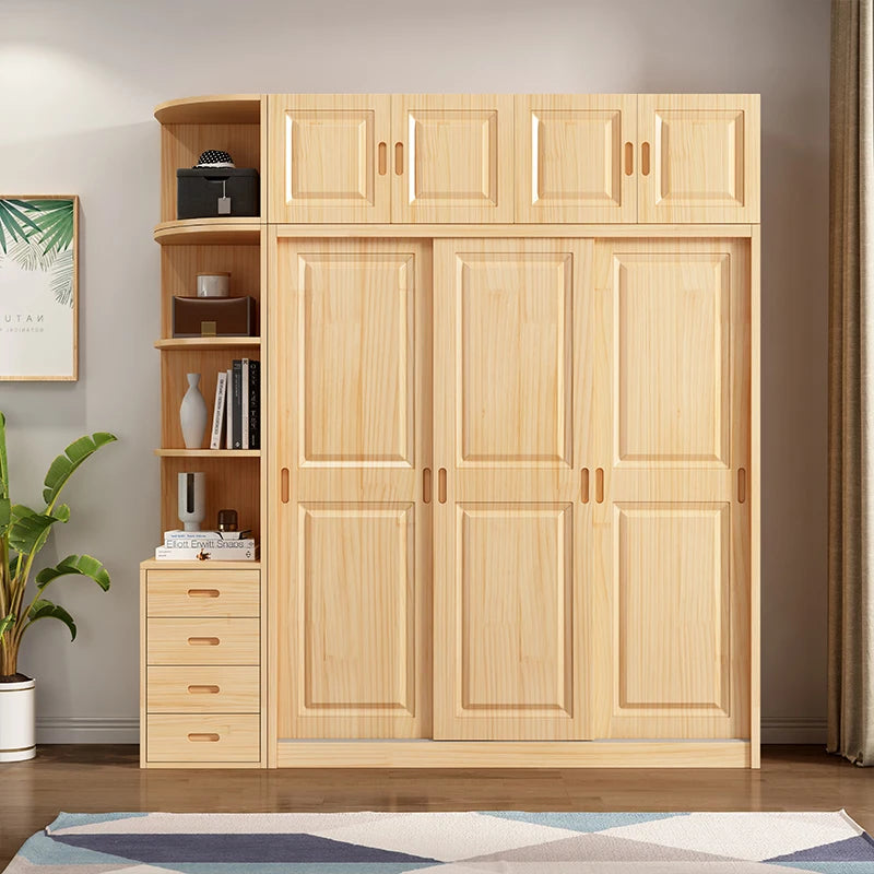 All solid wood pine sliding door wardrobe modern log children's clothes cupboard simple wardrobe home bedroom locker