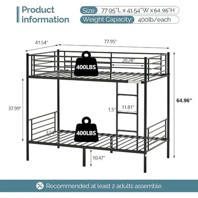 Bunk Bed Twin Over Twin for Kids, Teens & Adults Bunk Bed with Stairs & Flat Rungs, Heavy Duty Metal Slats, Black Beds