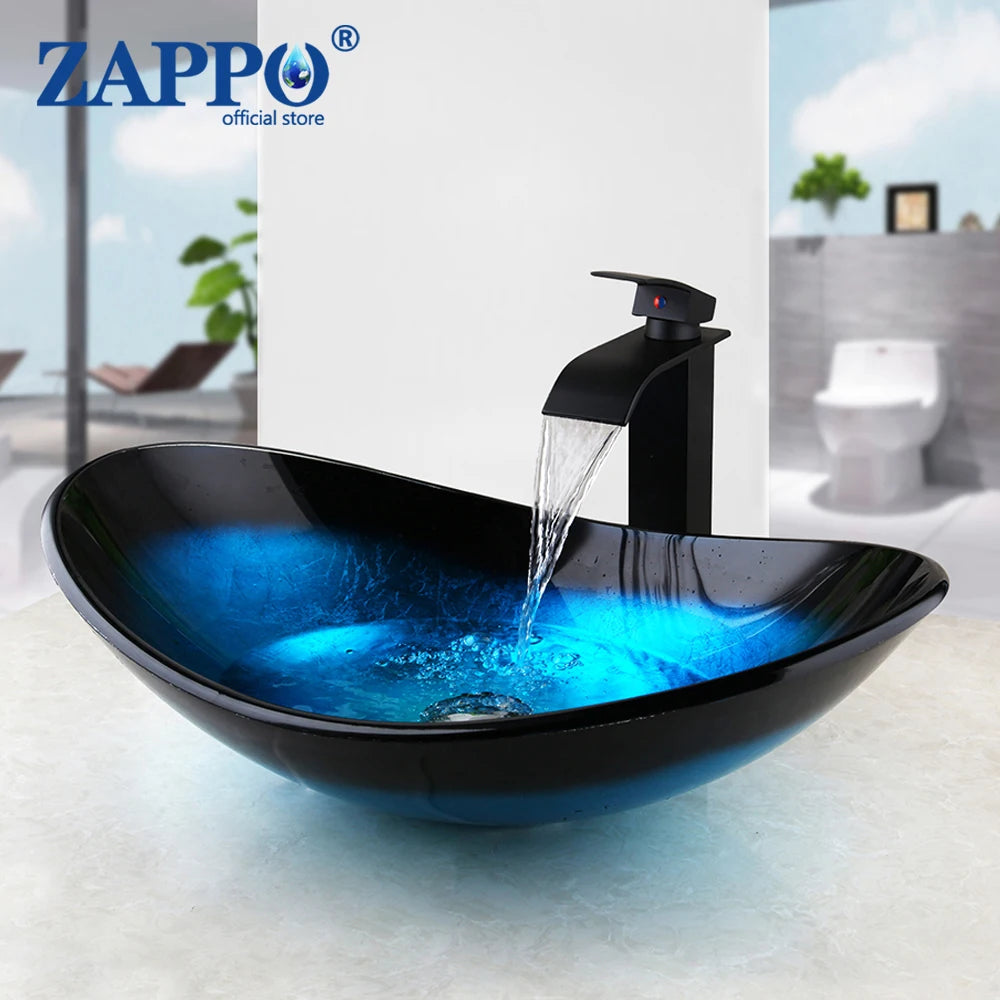 ZAPPO Tempered Glass Bathroom Vessel Sink with Waterfall Black Faucet Tap Bathroom Oval Blue Vessel Sinks Above Counter Basin