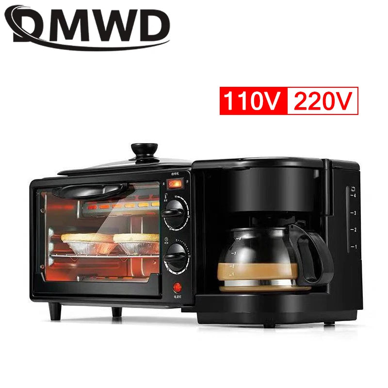 110V Electric Breakfast Machine 3 in 1 Multifunction Breakfast Maker Mini Drip Coffee Maker Bread Pizza Oven Frying Pan Toaster