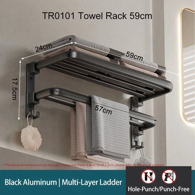 Black Towel Rack 40-60CM Double Folding Movable Bath Holder With Hook Wall Aluminum Shower Bar Hanger Rail Bathroom Accessories