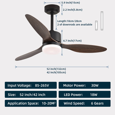 Modern Simple 42 Inch 52 Inch DC Motor Remote Control Long Blade Led Ceiling Fan with Light Living Room Dining Room Fan Light