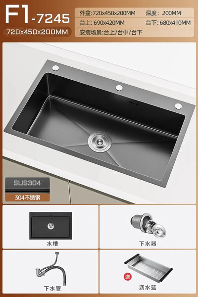 Stainless steel black sink, large single sink, hand-thickened kitchen under-counter basin, vegetable basin, dishwasher