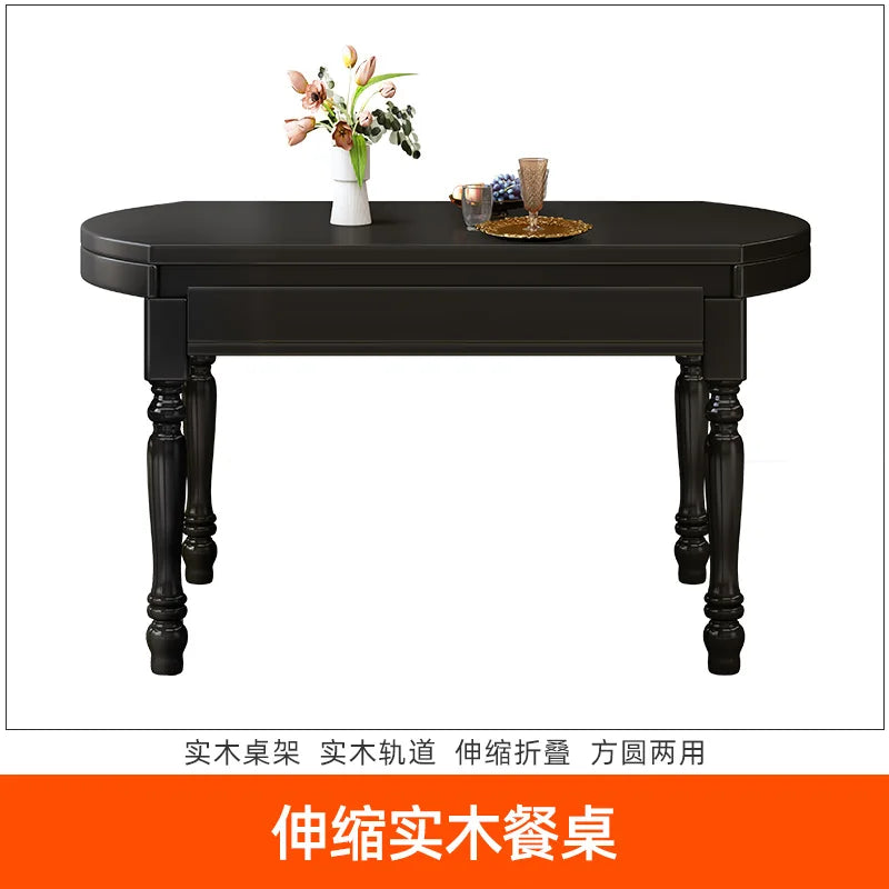 Retro French all solid wood retractable round dining table small apartment household folding square table