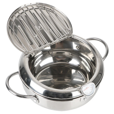 304 Stainless Steel Cooking Tool 2.2L Deep Frying Pot 2 Handles Tempura Fryer Pan With Thermometer and Lid Japanese Style