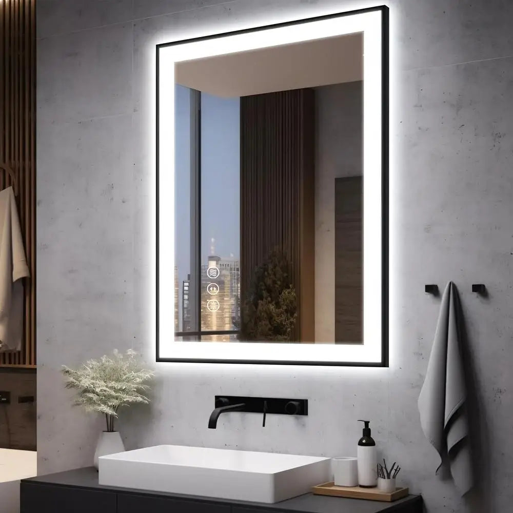 Bathroom Vanity Mirror LED 28x36 Black Aluminum Frame Stepless Dimmable Anti-Fog Touch Sensor