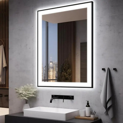 Bathroom Vanity Mirror LED 28x36 Black Aluminum Frame Stepless Dimmable Anti-Fog Touch Sensor